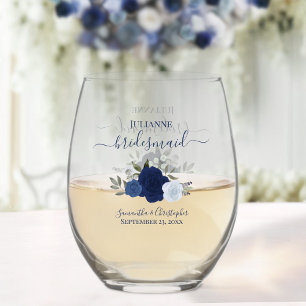 Blue Boho Roses Bridesmaid Maid of Honor Gift Stemless Wine Glass
