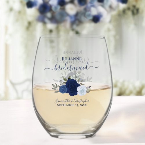 Blue Boho Roses Bridesmaid Maid of Honor Gift Stemless Wine Glass