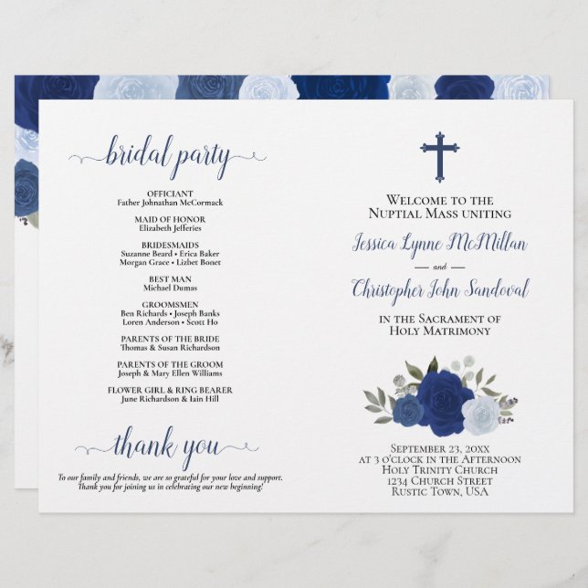 Blue Boho Roses DIY Fold Catholic Wedding Program (Front/Back)