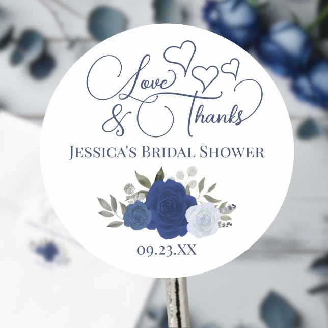Blue Boho Roses Love & Thanks Bridal Shower Classic Round Sticker (Creator Uploaded)