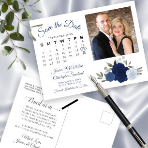 Blue Boho Roses Photo & Calendar Save the Date Announcement Postcard