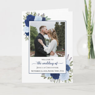 Blue Boho Roses & Photo Elegant Wedding Program
