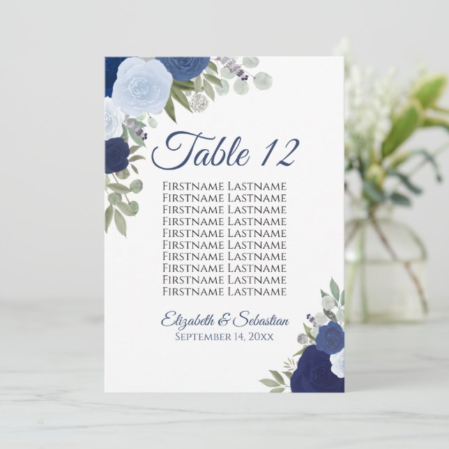 Blue Boho Roses Seating Chart Table Number Large (Standing Front)