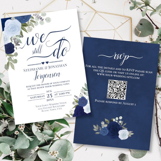 Blue Boho Roses We Still Do Vow Renewal QR Code Invitation (Front/Back)