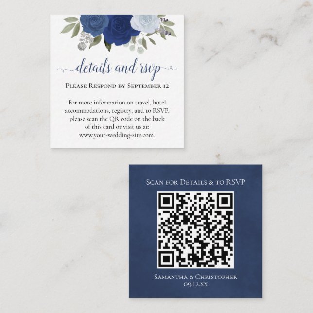 Blue Boho Roses Wedding Details & RSVP QR Code Enclosure Card (Front/Back)