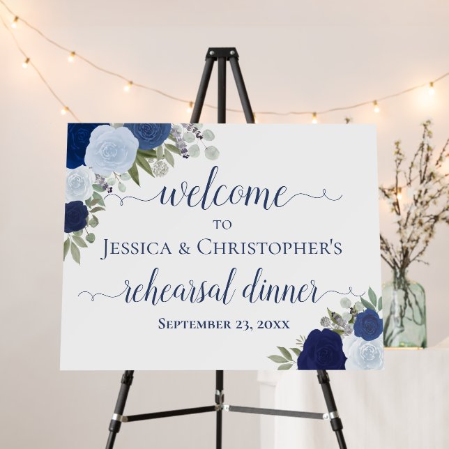 Blue Boho Roses Wedding Rehearsal Dinner Welcome Foam Board (In Situ (Stand))