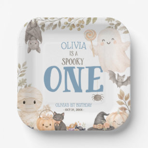 Blue Boho Spooky One 1st Birthday Cute Ghost Paper Plates