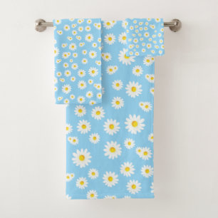 Blue Boho Spring Daisies Pattern Bath Towel Set