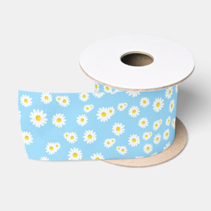 Blue Boho Spring Daisies Pattern Satin Ribbon