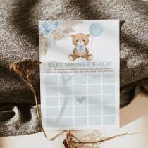 Blue Boho Teddy Bear Bingo Baby Shower Game Card