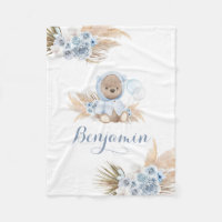 Blue Boho Teddy Bear Boy Baby Shower Fleece Blanket