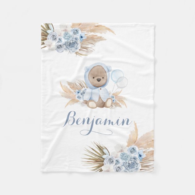Blue Boho Teddy Bear Boy Baby Shower Fleece Blanket (Front)