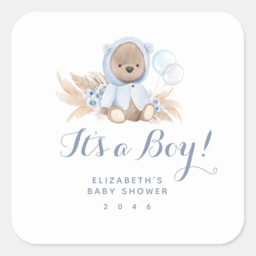 Blue Boho Teddy Bear Boy Baby Shower Square Sticker