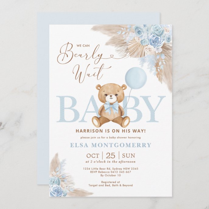 Blue Boho Teddy Bear Pampas Grass Boy Baby Shower                    Invitation