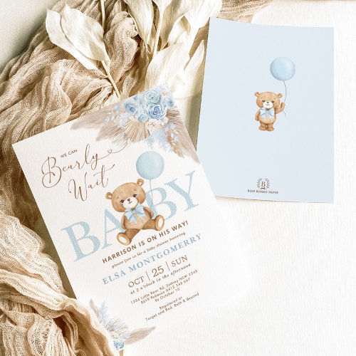 Blue Boho Teddy Bear Pampas Grass Boy Baby Shower Invitation
