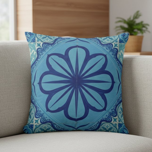 Blue Boho Throw Pillow with Large Flower Design (Creator Uploaded)
