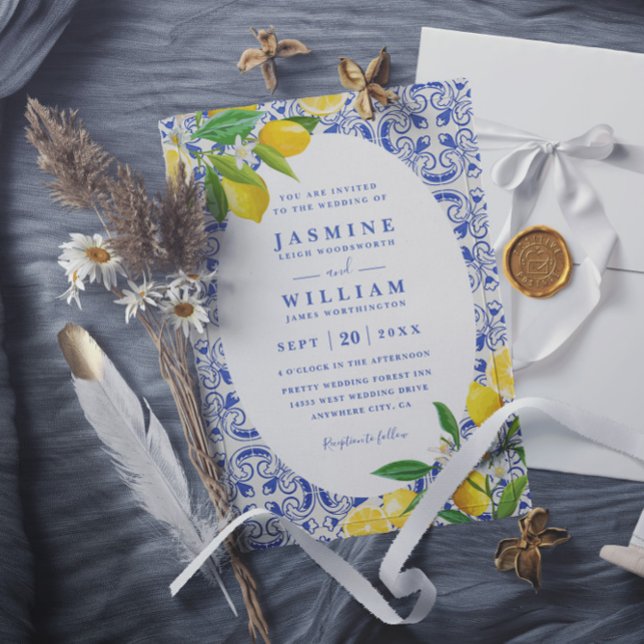 Blue Boho Tiles and Lemons QR Code Wedding Invitation (Creator Uploaded)