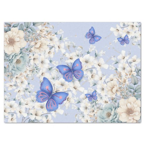 Blue Boho Vintage Floral Butterflies  Tissue Paper