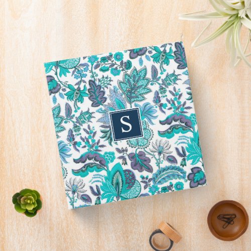 Blue Boho Vintage Floral Monogram 3 Ring Binder