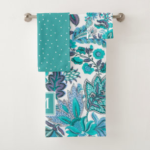 Blue Boho Vintage Floral Monogram Bath Towel Set