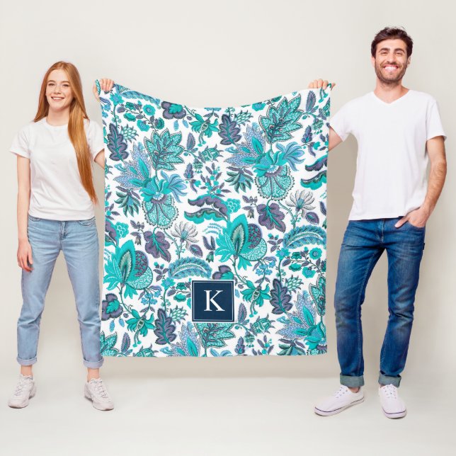 Blue Boho Vintage Floral Monogram Fleece Blanket (In Situ)