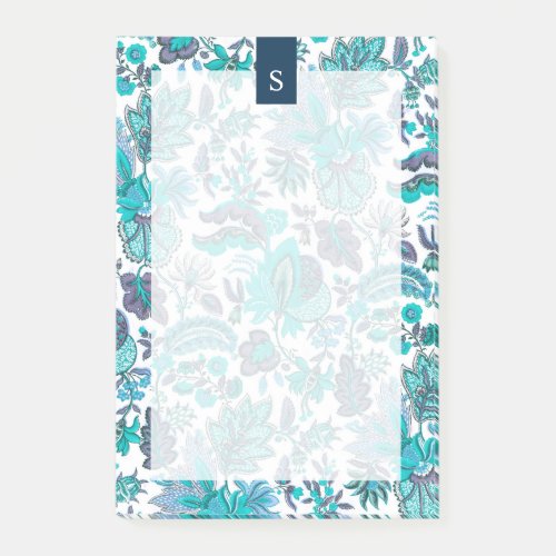 Blue Boho Vintage Floral Monogram Post_it Notes