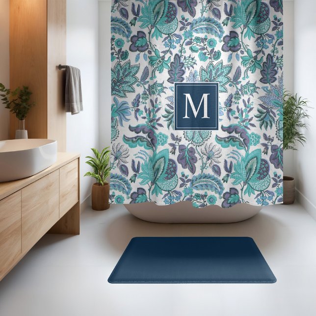 Blue Boho Vintage Floral Monogram Shower Curtain (Creator Uploaded)