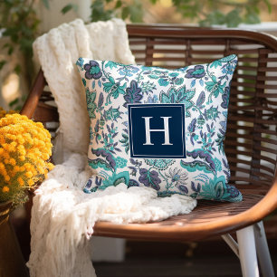 Blue Boho Vintage Floral Monogram Throw Pillow