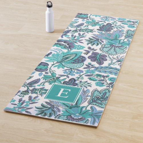 Blue Boho Vintage Floral Monogram Yoga Mat