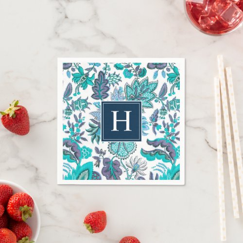 Blue Boho Vintage Floral Monogrammed Napkins