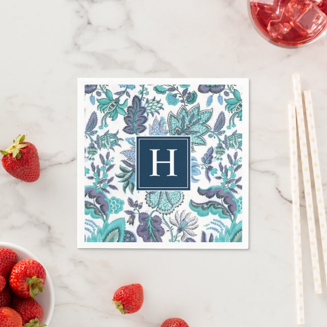 Blue Boho Vintage Floral Monogrammed Napkins (Insitu)