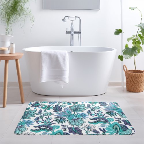 Blue Boho Vintage Floral Print Bath Mat