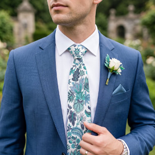 Blue Boho Vintage Floral Print Neck Tie