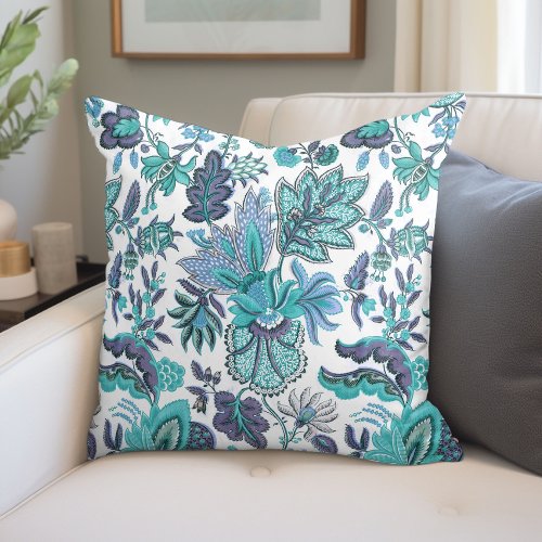 Blue Boho Vintage Floral Print Throw Pillow