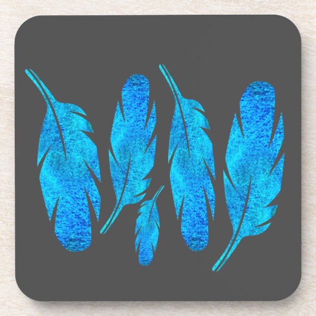 Blue boho watercolor feather art beverage coaster (Front)