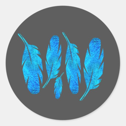 Blue boho watercolor feather art classic round sticker