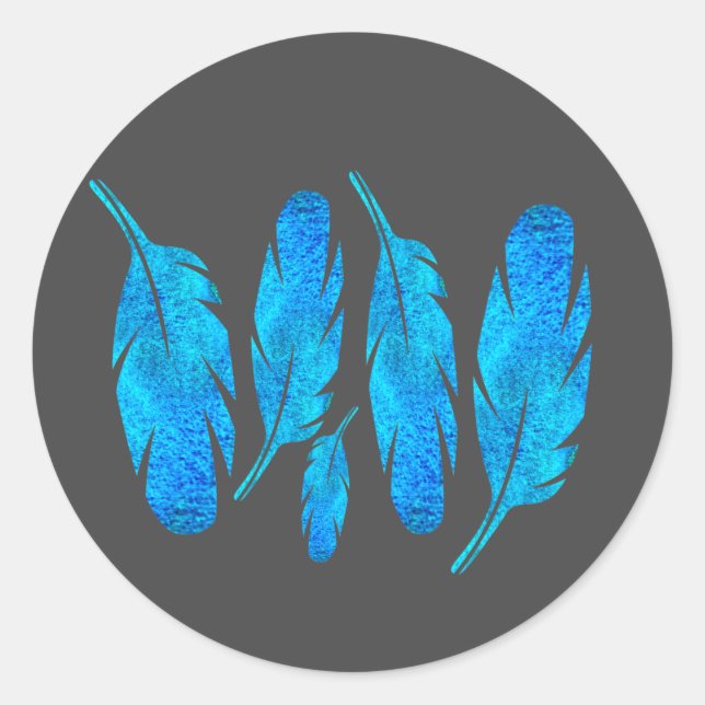 Blue boho watercolor feather art classic round sticker (Front)
