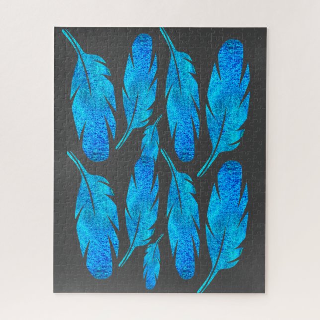 Blue boho watercolor feather art jigsaw puzzle (Vertical)
