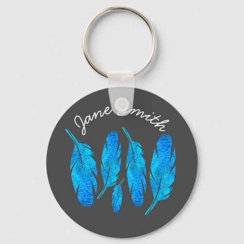 Blue boho watercolor feather art keychain