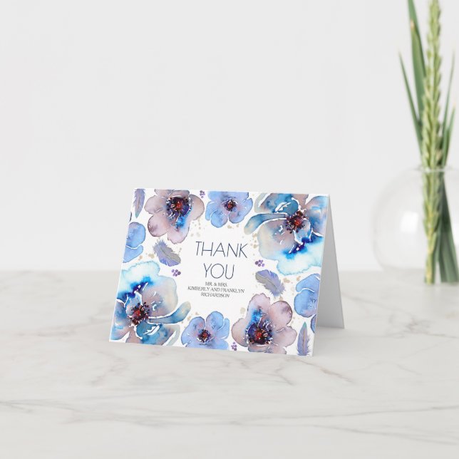 Blue Boho Watercolor Floral Wedding Thank You Card (Front)