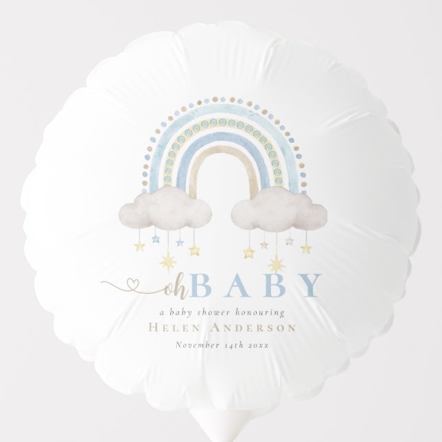 Blue Boho Watercolor Rainbow Boy Baby Shower Balloon (Front)