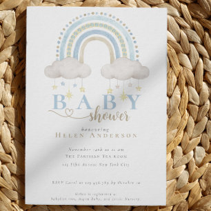 Blue Boho Watercolor Rainbow Boy Baby Shower Invitation