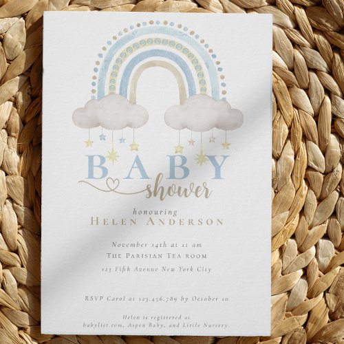 Blue Boho Watercolor Rainbow Boy Baby Shower Invitation