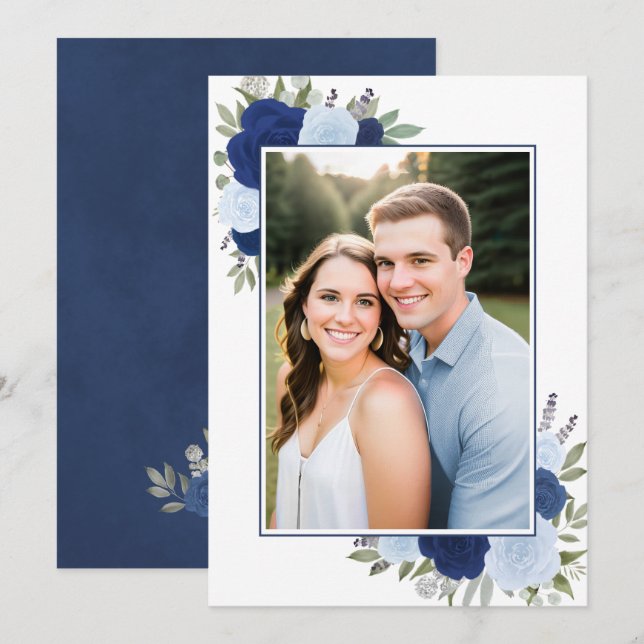 Blue Boho Watercolor Roses Photo Underlay Wedding Invitation (Front/Back)