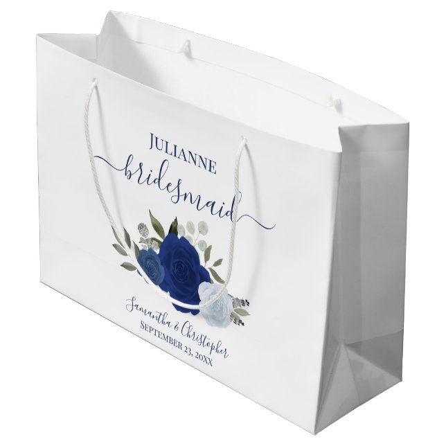 Blue Boho Watercolor Roses Wedding Bridesmaid Large Gift Bag (Back Angled)
