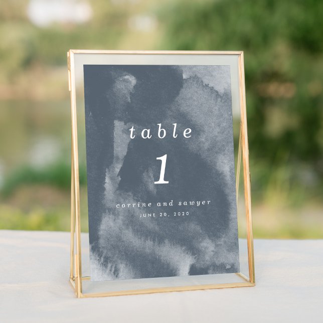Blue Boho Watercolor Table Number (Watercolor blue boho wash wedding suite elegant table number sign.)
