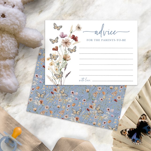 Blue Boho Wildflower Advice Card (Dusty Blue Boho Wildflower Advice Card with Butterflies by Painted Paperie)