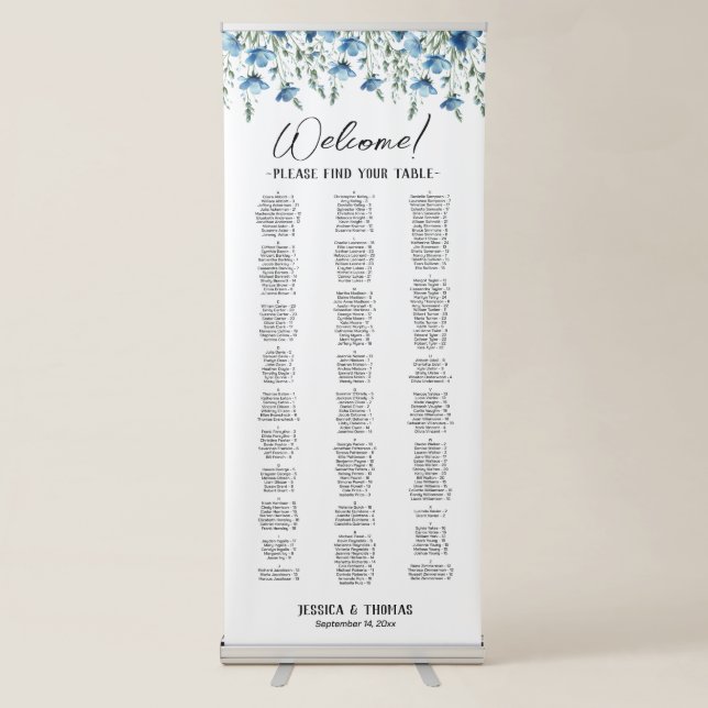 Blue Boho Wildflowers Alphabetical Seating Chart Retractable Banner (Front)