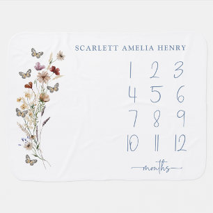 Blue Boho Wildflowers Milestones Baby Blanket
