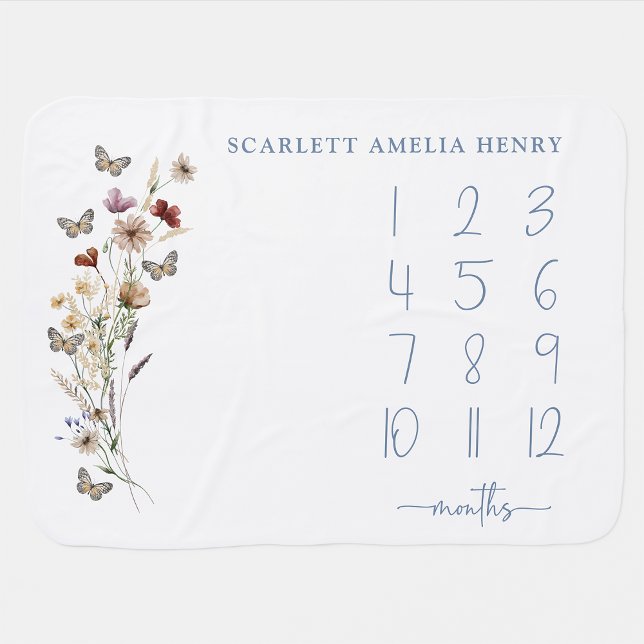 Blue Boho Wildflowers Milestones Baby Blanket (Dusty Blue Boho Wildflowers Milestones Baby Blanket by Painted Paperie
)